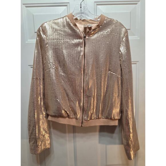 Forever 21 Sequin Bomber Jacket Rose Gold Shimmer Zip Front Satin Lined Womens M - Picture 1 of 4